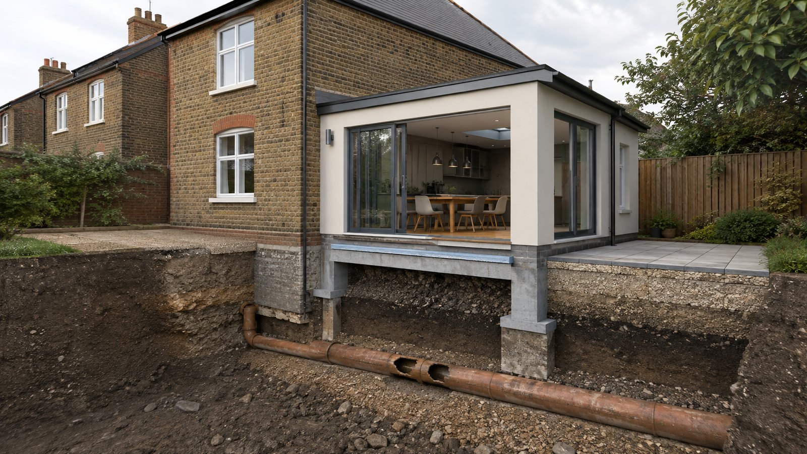 Cutaway showing an older drain passing beneath a later house extension
