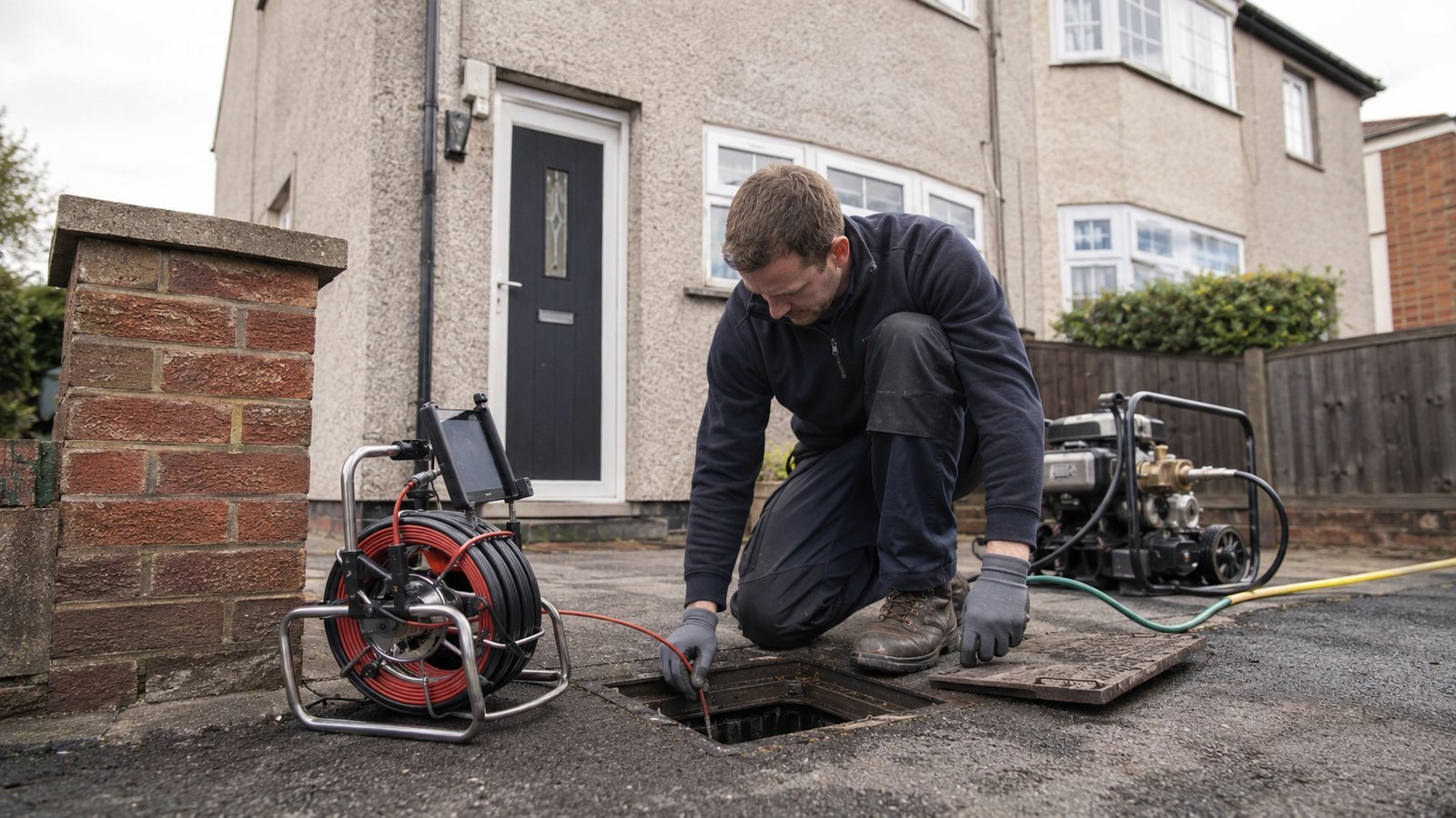 Drainage engineer inspecting an open chamber outside an ordinary UK home