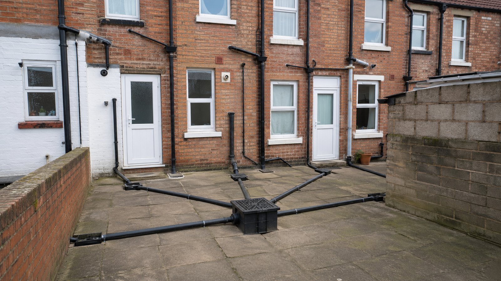 Rear drainage serving older UK terraced properties and a shared inspection chamber